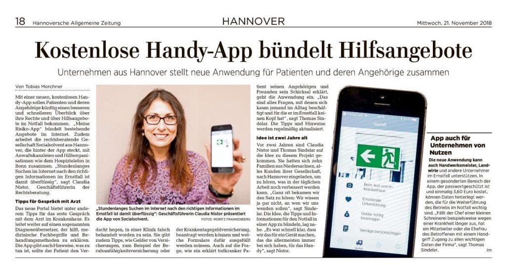 Die Zeitungen der Madsack Mediengruppe - u.a. die Hannoversche Allgemeine Zeitung - berichten im November ausführlich über die Meine Risiko-App. Hier finden Sie den Artikel.